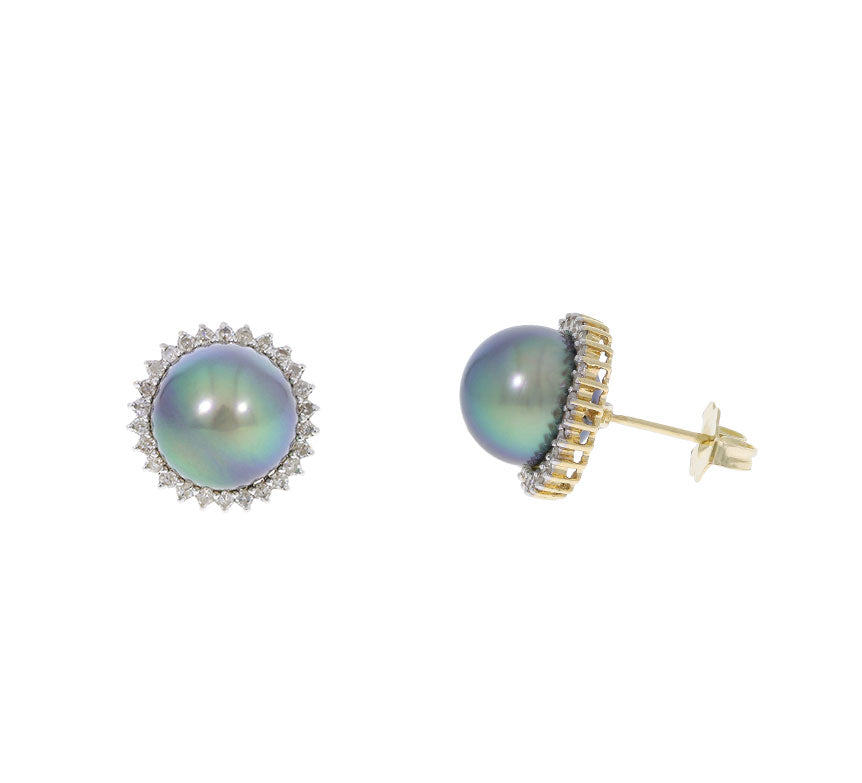 Tahitian Pearl Diamond Halo Stud 14K Yellow Gold