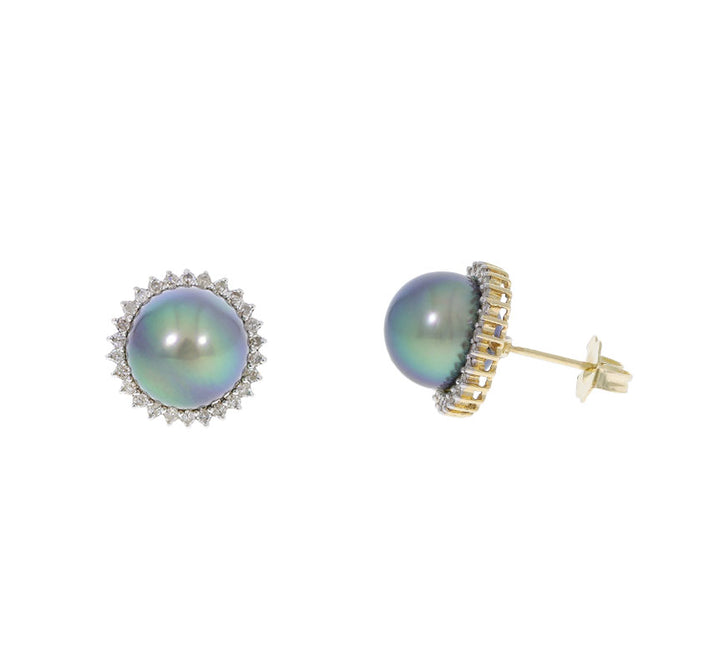 Tahitian Pearl Diamond Halo Stud 14K Yellow Gold