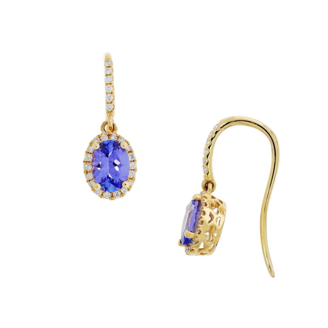 Tanzanite Diamond Halo Earrings 14K Yellow Gold