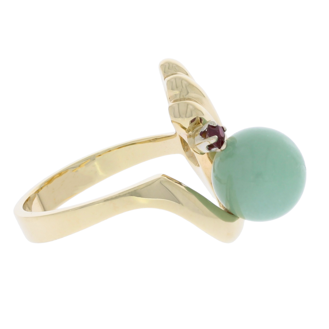 Jade and Ruby Ring 14K Yellow Gold