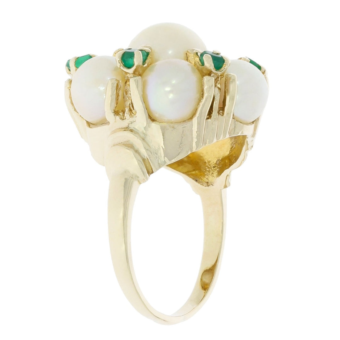 Pearl Emerald Cluster Ring 14K Yellow Gold