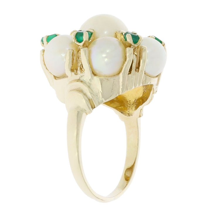 Pearl Emerald Cluster Ring 14K Yellow Gold