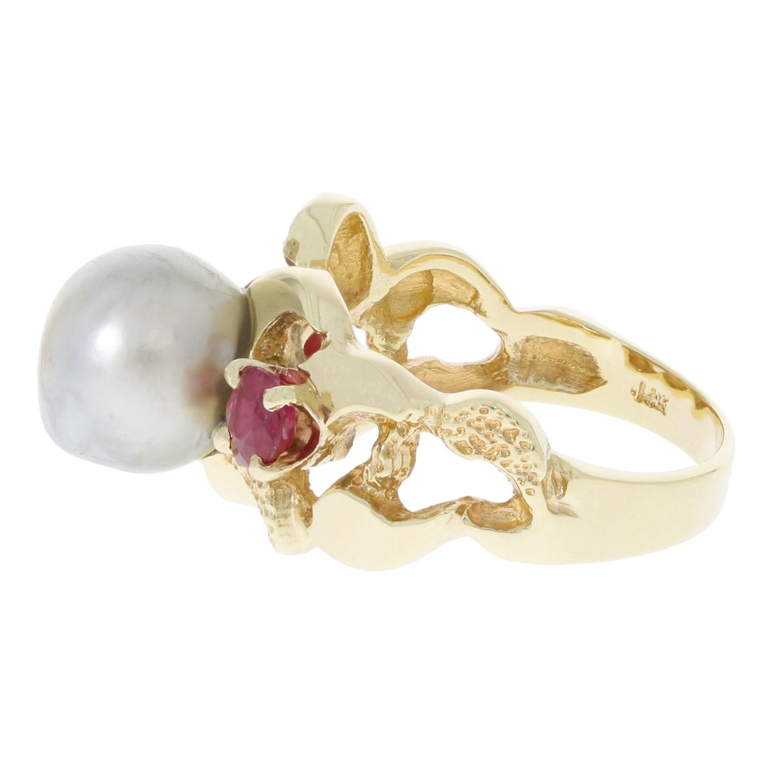Gray Baroque Pearl Ruby Ring 14K Yellow Gold