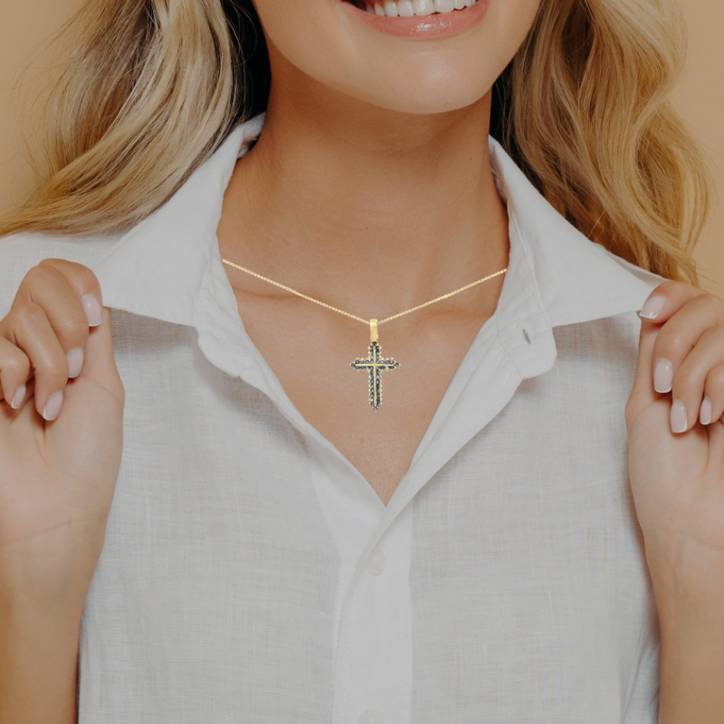 Sapphire Cross 14K Yellow Gold .88 CTW