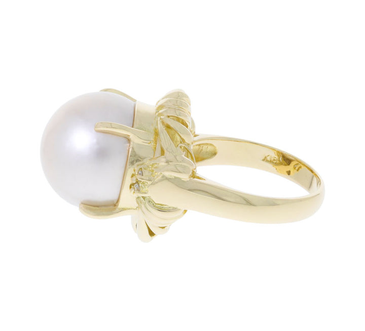 Pearl Diamond Ring 18K Yellow Gold 14MM