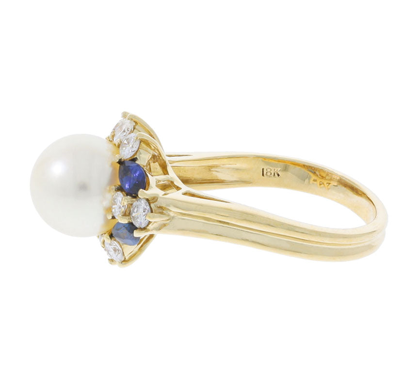 Pearl Sapphire Diamond Ring 18K Yellow Gold