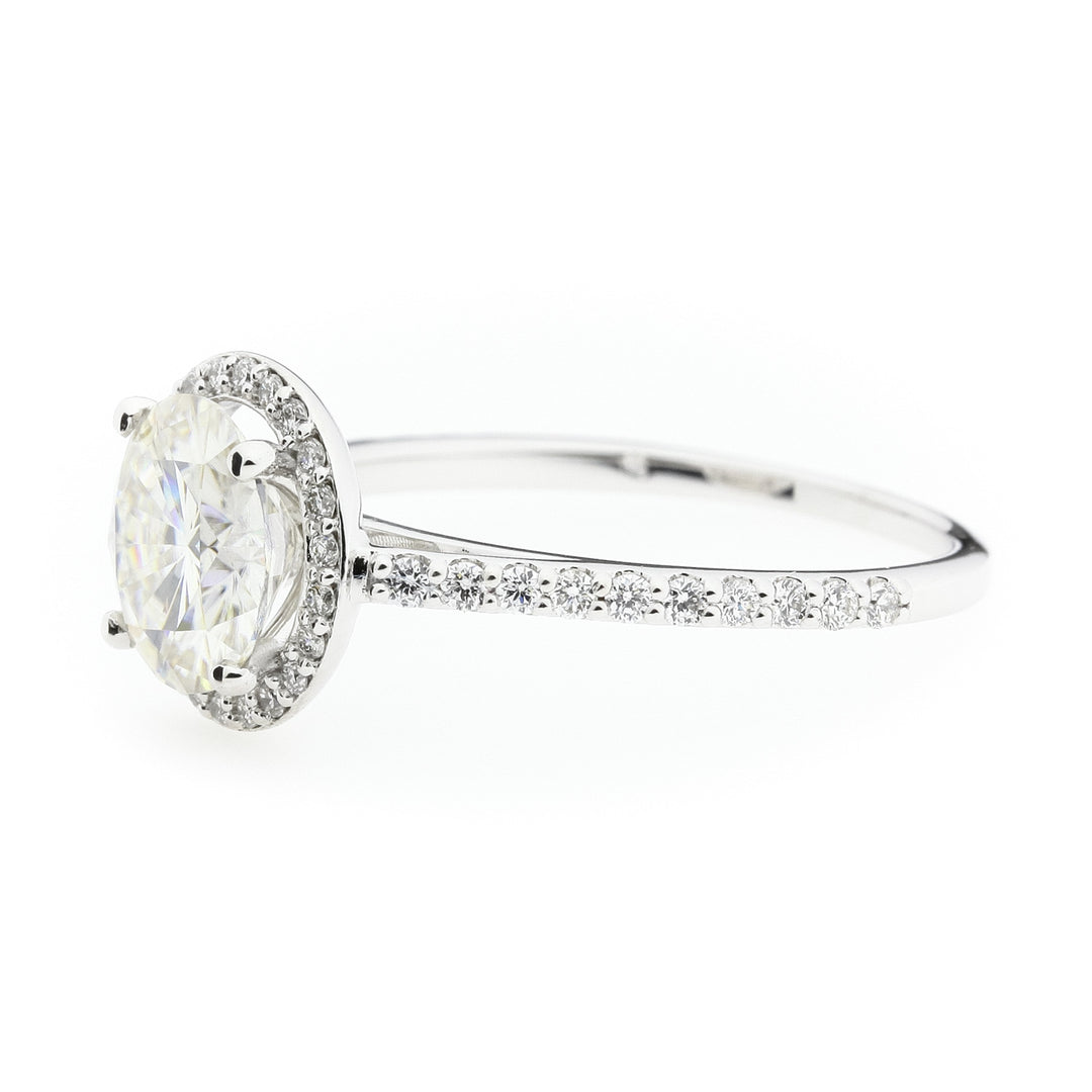 Moissanite Diamond Halo Ring 14K White Gold 8MM
