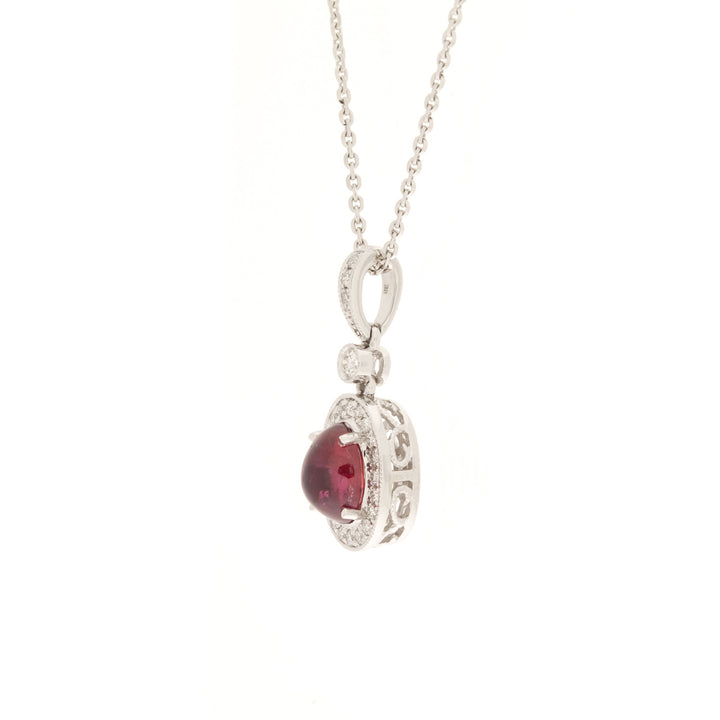 Ruby Diamond Filigree Cabochon Pendant 14K White Gold 1.28CT