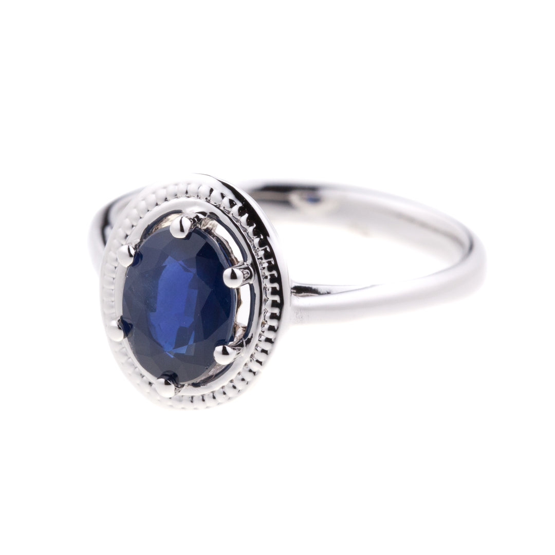 Oval Sapphire Milgrain Ring 14K White Gold 1.60 CT