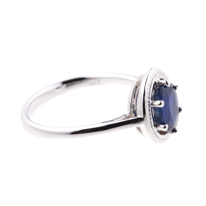 Oval Sapphire Milgrain Ring 14K White Gold 1.60 CT