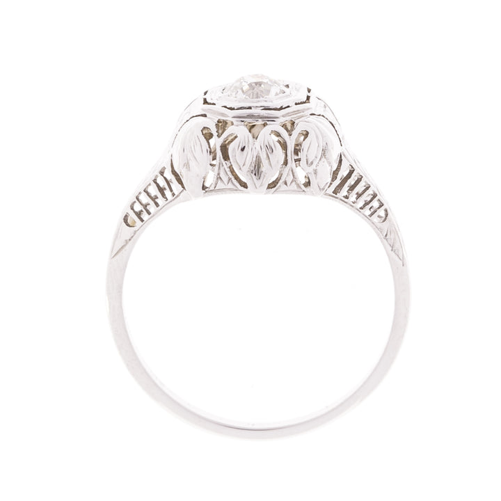 Filigree Old Mine Cut Diamond Engagement Ring 18K White Gold