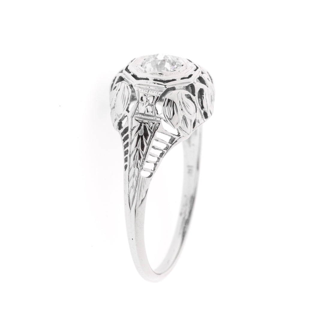Filigree Old Mine Cut Diamond Engagement Ring 18K White Gold