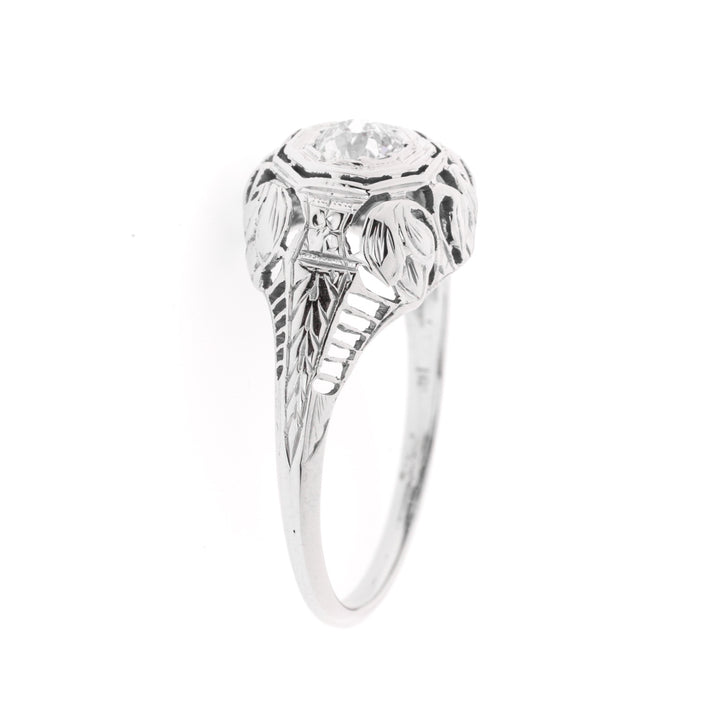 Filigree Old Mine Cut Diamond Engagement Ring 18K White Gold