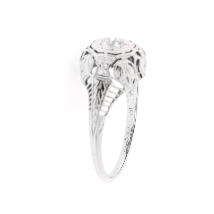 Filigree Old Mine Cut Diamond Engagement Ring 18K White Gold