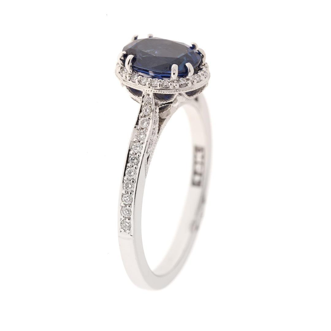 Tacori Sapphire Diamond Halo Ring 18K White Gold 1.54 CT