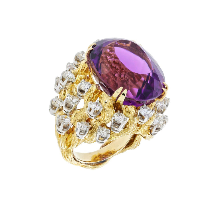 Amethyst Diamond Vintage Ring 14K Two Tone Gold 21.32CT