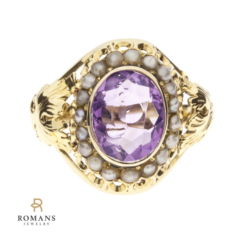 Amethyst Pearl Ring 1930's 14K Yellow Gold 2.50CT