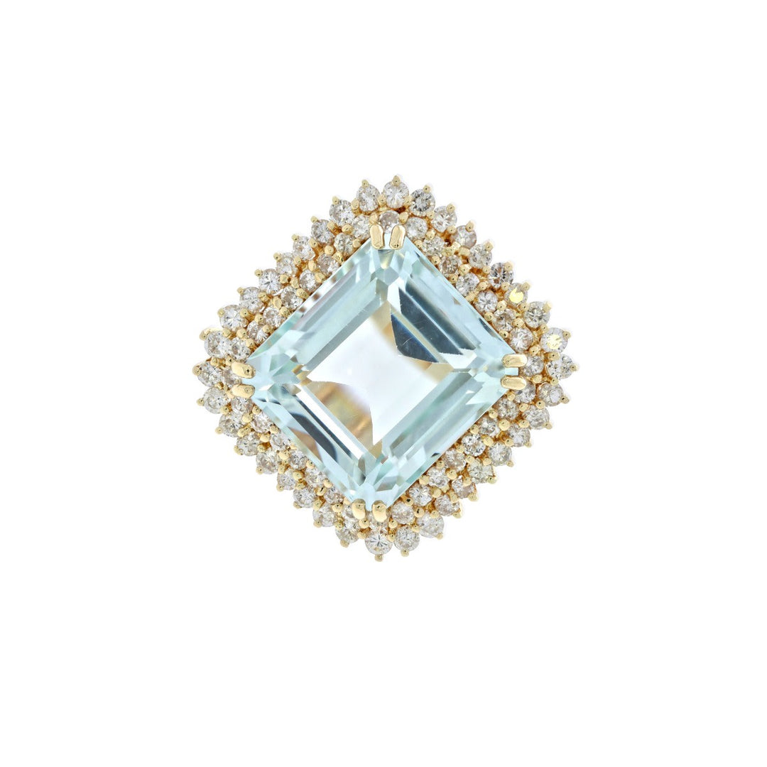 Aquamarine Diamond Halo Cocktail Ring 14K Yellow Gold 20CT