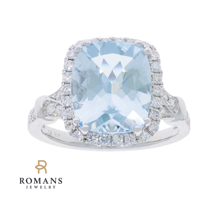 Aquamarine Diamond Halo Ring 14K White Gold 3.63CT