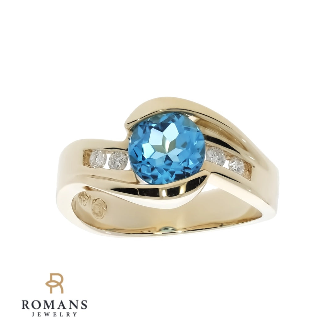 Blue Topaz Diamond Ring 14K Yellow Gold 1.35CT