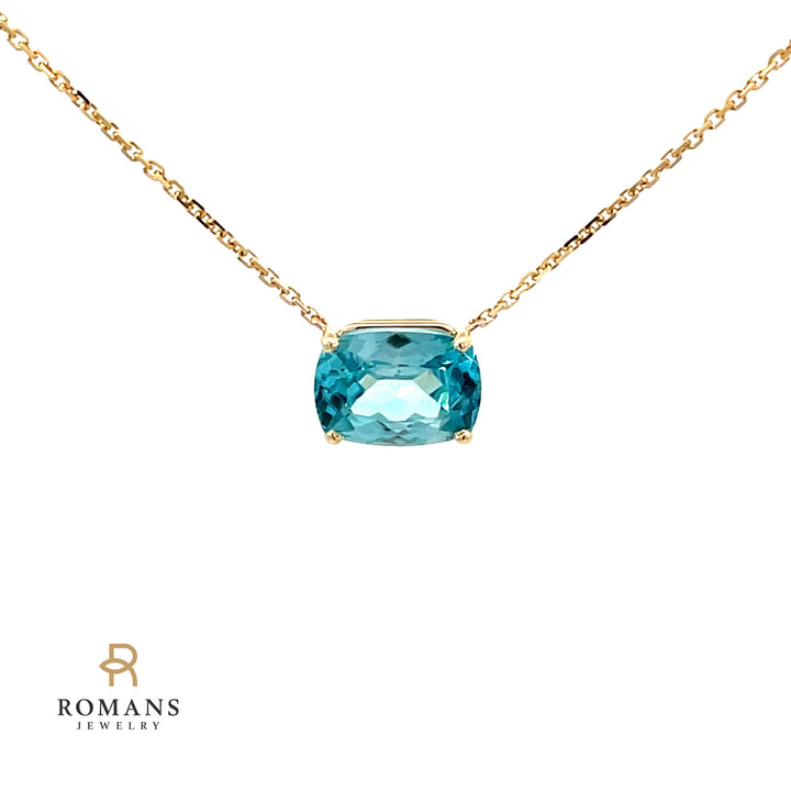 Blue Zircon Solitaire Floating Necklace 14K Yellow Gold 4.60CT