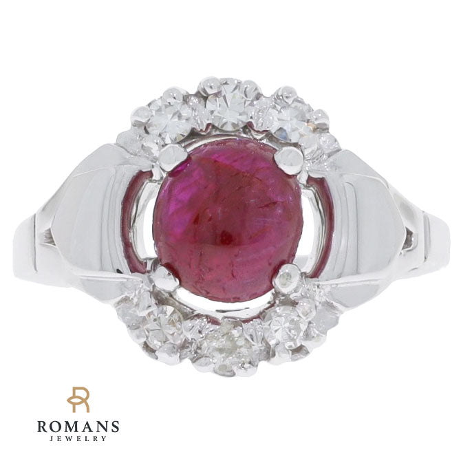Cabochon Ruby Diamond Ring 14K White Gold 1.59 CT