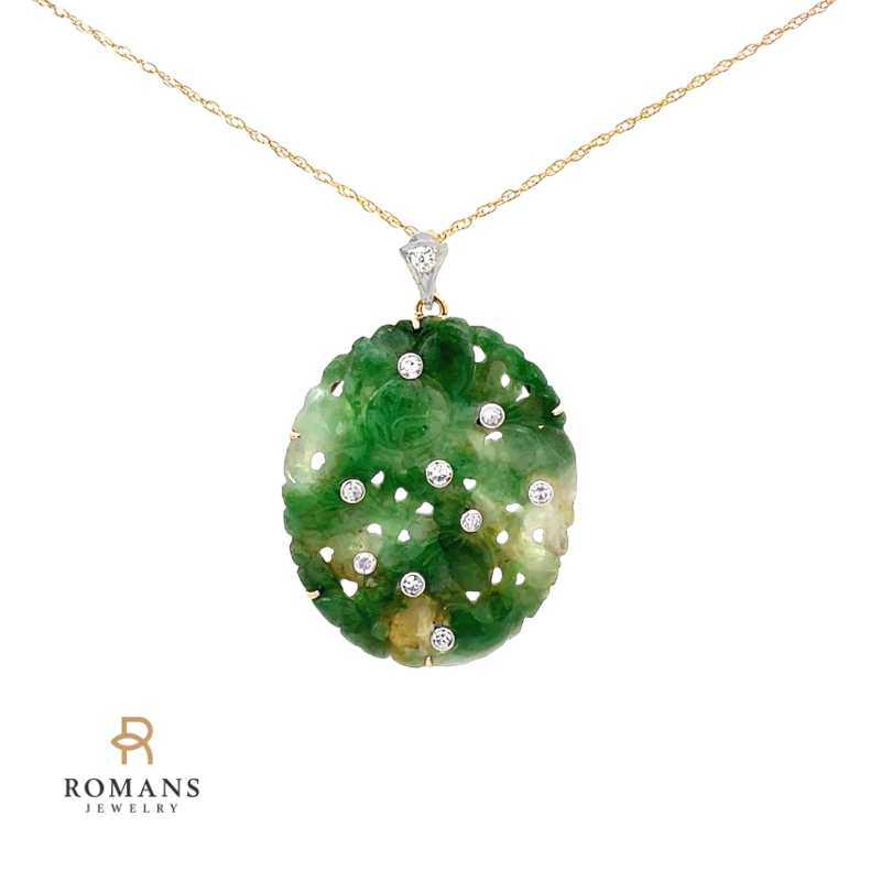 Carved Jade Diamond Pendant 14K Yellow Gold .27CTW