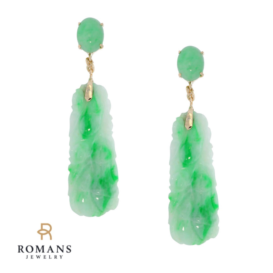 Carved Jade Untreated Earrings 14K Yellow Gold GIA