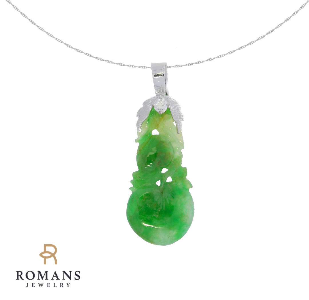 Carved Jadeite Jade Pendant 14K White Gold