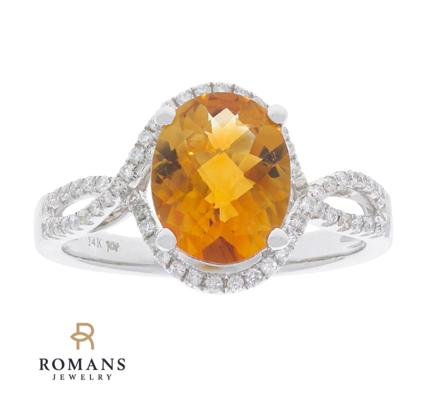 Citrine Diamond Halo Ring 14K White Gold 1.80CT