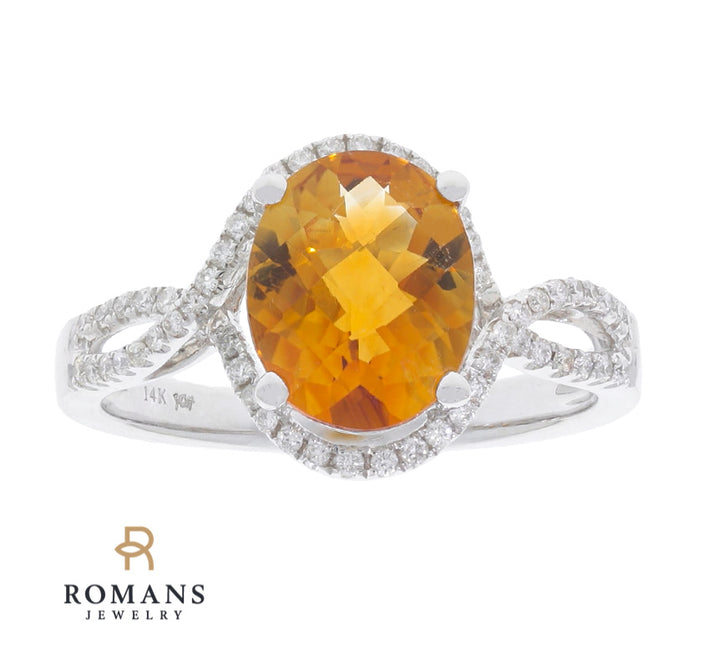 Citrine Diamond Halo Ring 14K White Gold 1.80CT