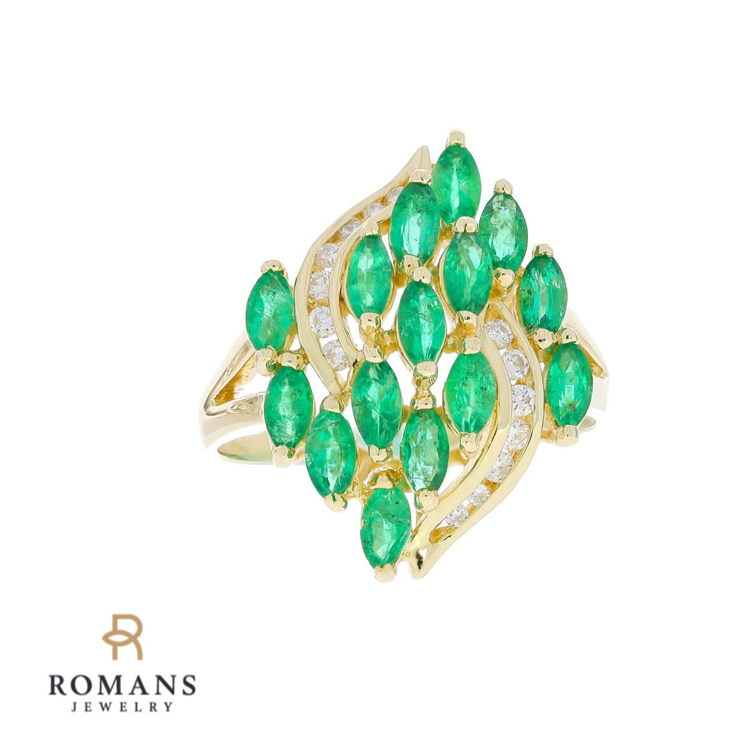 Cluster Emerald Diamond 14K Yellow Gold Ring 1.95 CTW