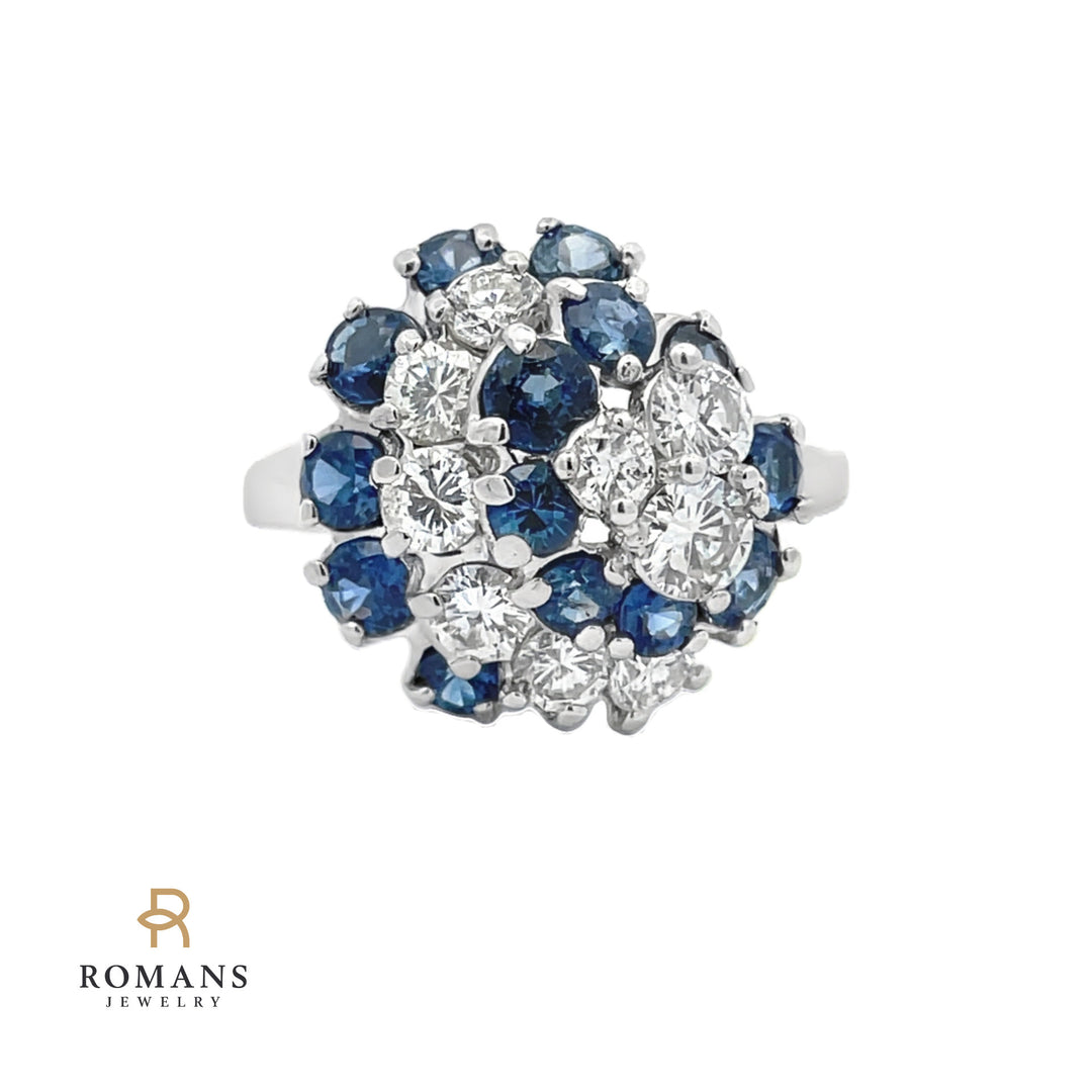 Cluster Sapphire Diamond Ring 14K White Gold Vintage 1.28 CTW