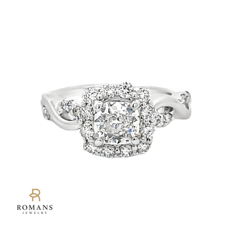 Cushion Diamond Halo Engagement Ring 14K White Gold