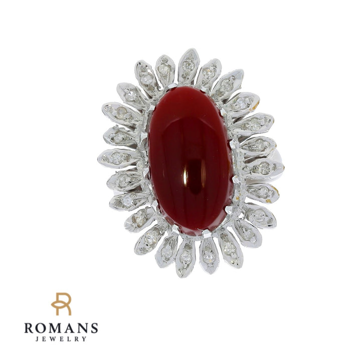 Dark Red Agate Halo Diamond 14K White Gold Ring 3.11 CT