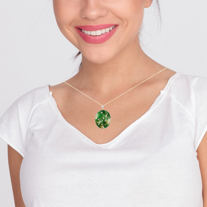 Carved Jade Diamond Pendant 14K Yellow Gold .27CTW