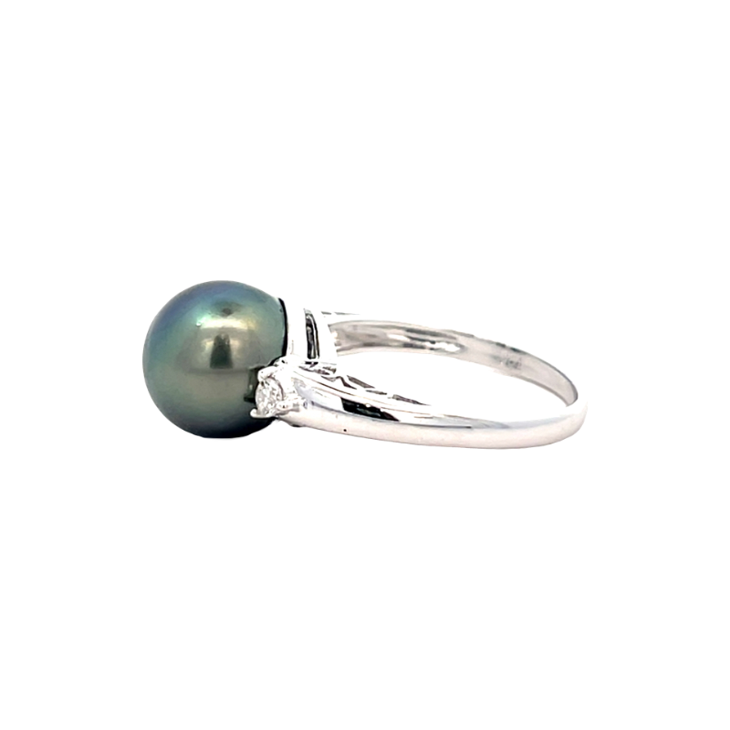 Tahitian Pearl Diamond Ring 14K White Gold .09CTW