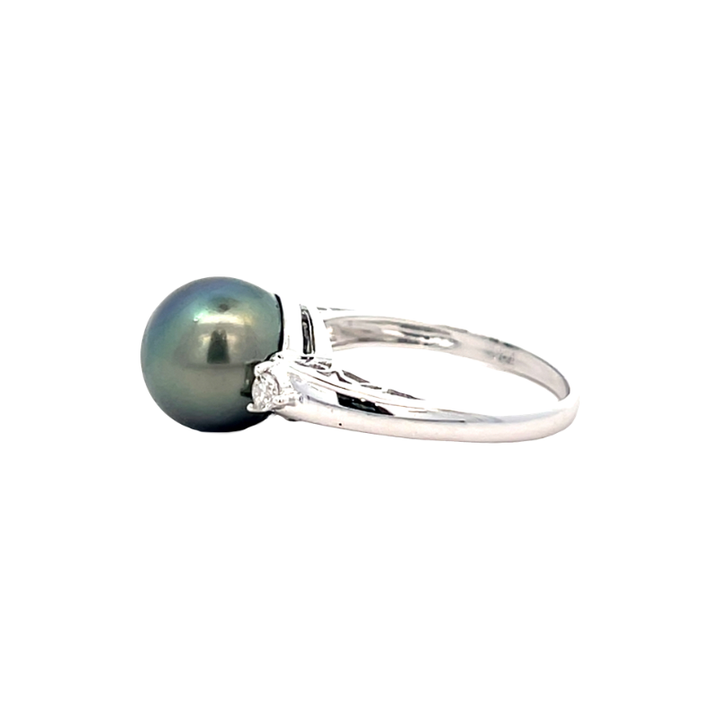 Tahitian Pearl Diamond Ring 14K White Gold .09CTW