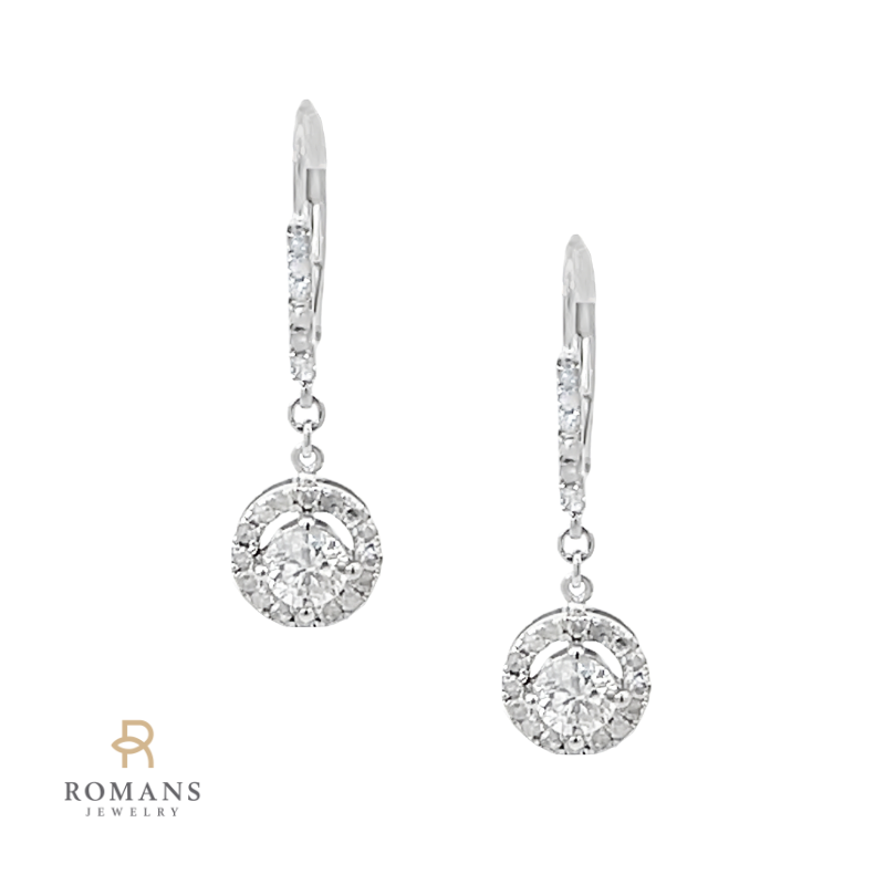 Diamond Dangle Halo Earrings 14K White Gold .97CTW