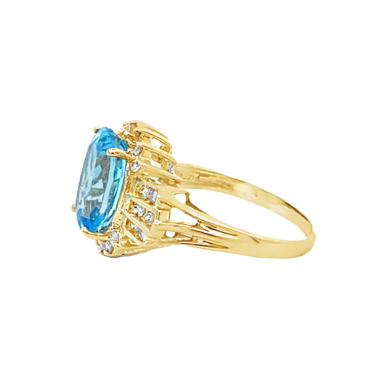 Swiss Blue Topaz & Diamond Halo Cocktail Ring 14K Yellow Gold 6.24CT