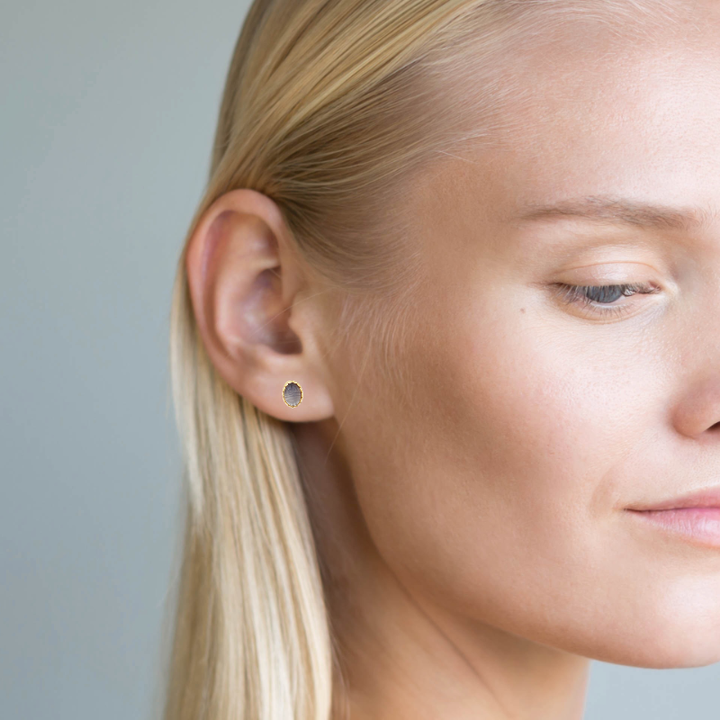 Carved Moon Stone Studs 14K Yellow Gold