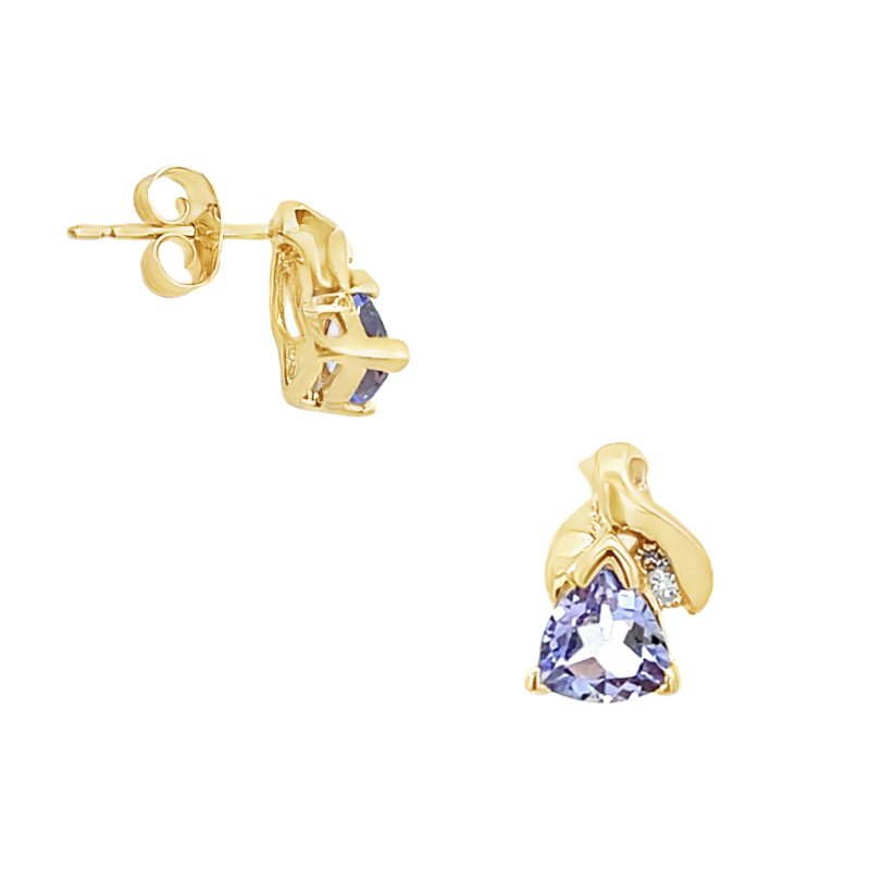 Trillion Cut Tanzanite & Diamond Stud Earrings 14K Yellow Gold .94CTW
