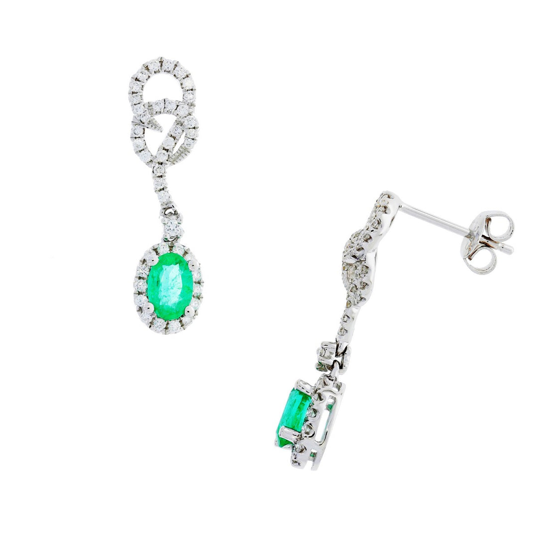Emerald Diamond Halo Earrings 14K White Gold .84CTW