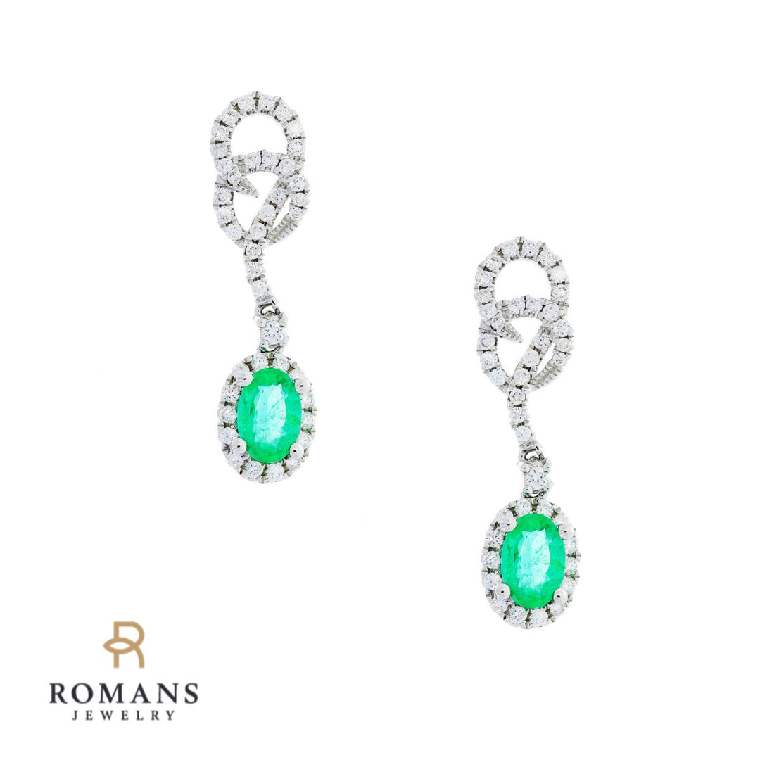 Emerald Diamond Halo Earrings 14K White Gold .84CTW