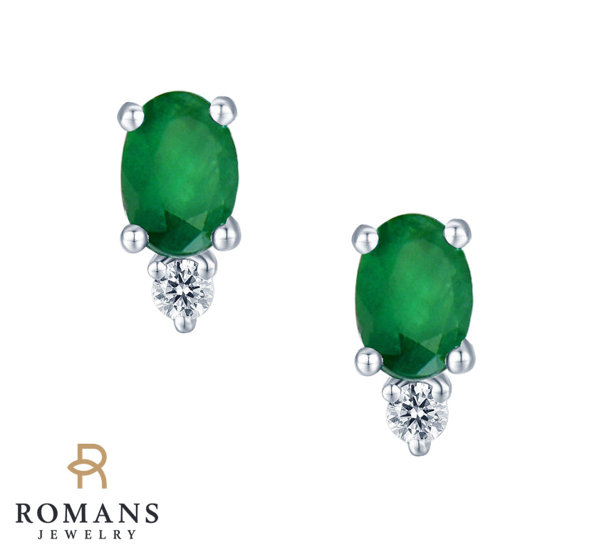 Emerald Diamond Stud Earrings 14K White Gold