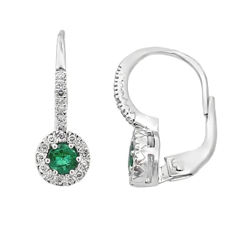Emerald with Diamond Halo Earrings 14K White Gold 0.53CT
