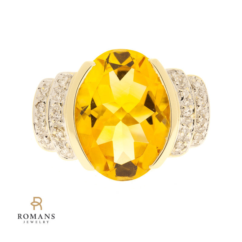 Filigree Citrine Diamond Ring 14K Two Tone 7CT