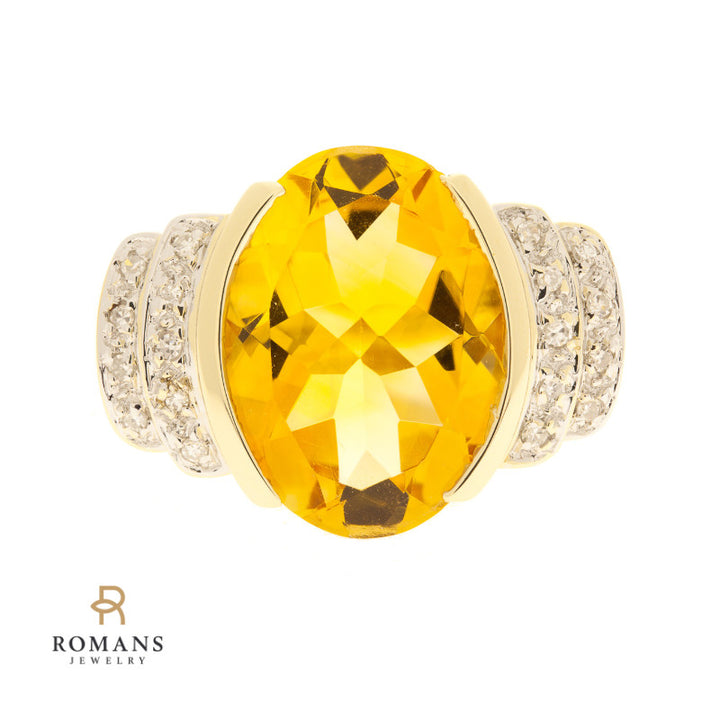 Filigree Citrine Diamond Ring 14K Two Tone 7CT