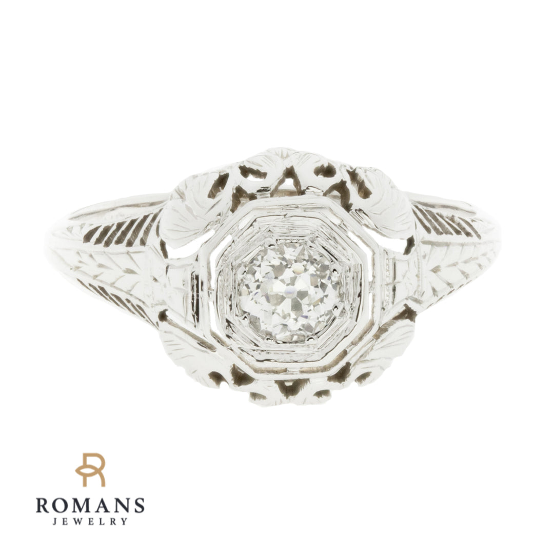 Filigree Old Mine Cut Diamond Engagement Ring 18K White Gold