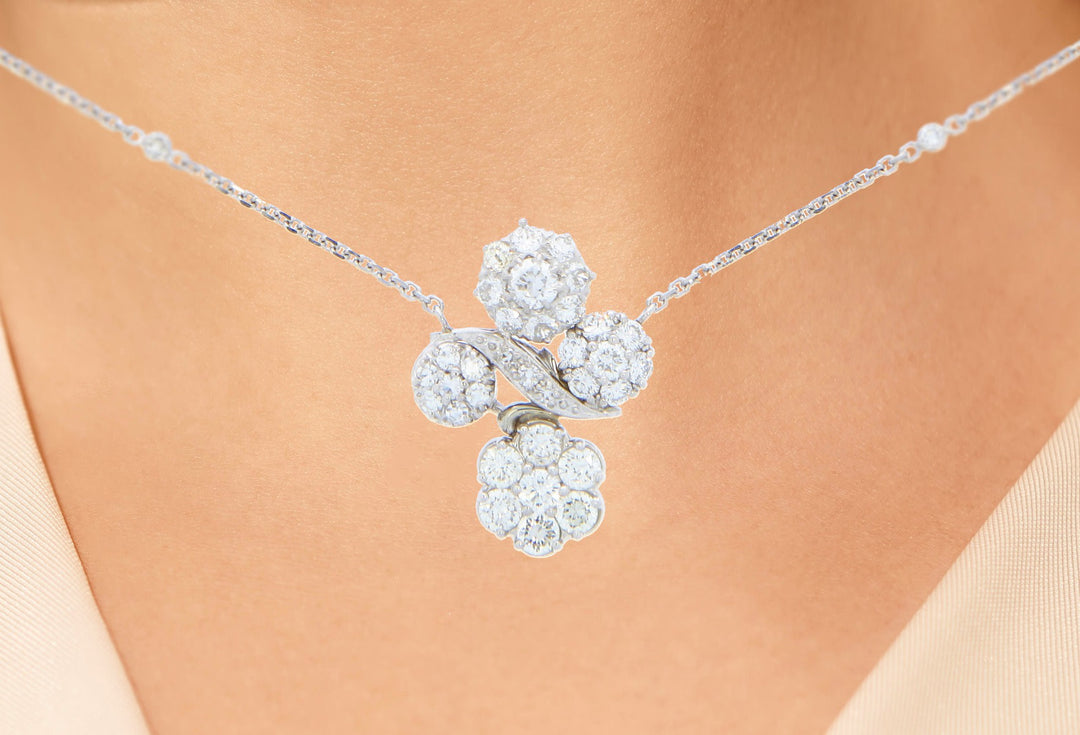 Flower Diamond Vintage Necklace 14K White Gold 2.87CTW